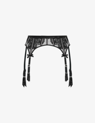 Shop Agent Provocateur Women's Black Caitriona Crystal-embellished Lace And Tulle Suspender Belt