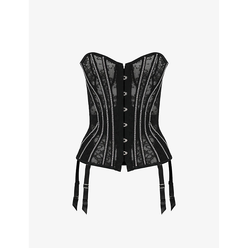 Shop Agent Provocateur Womens Black Caitriona Crystal-embellished Lace And Tulle Corset