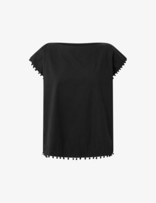 Shop Lovechild Inez Boat-neck Bead-embellished Cotton Top In Black