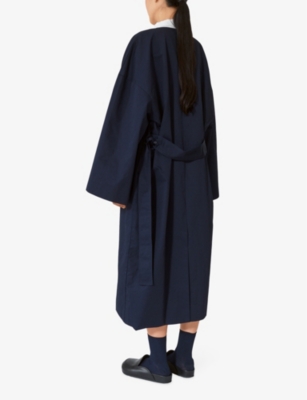 Shop Lovechild Womens Dark Navey Veda Oversized Collarless Belted Cotton-twill Coat