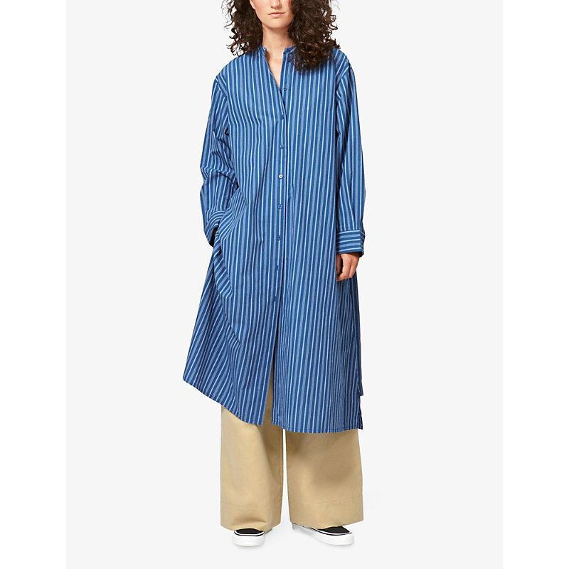 Shop Nue Notes Women's True Navy Claude Stripe Midi Cotton Shirt Dress