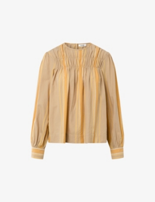 Shop Nue Notes Aldrin Puff-sleeve Striped Cotton Blouse In Croissant