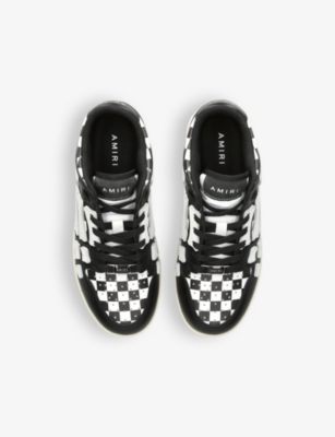 Shop Amiri Kids' Skel Top Checkered Leather Low-top Trainers Blk/white