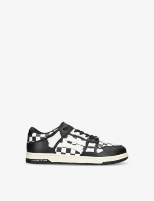 Shop Amiri Kids' Skel Top Checkered Leather Low-top Trainers Blk/white