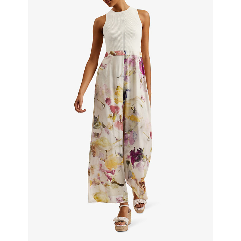 Shop Ted Baker Tirsso Floral-print Sleeveless Stretch-woven Jumpsuit In White