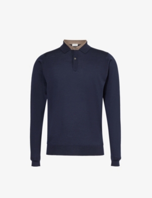 Shop John Smedley Men's Midnight Mushroom Colour-block Long-sleeved Wool Polo Shirt