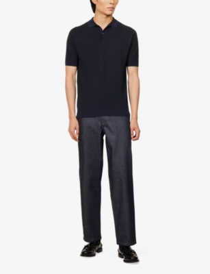 Shop John Smedley Mens Midnight Black Ribbed-trim Short-sleeve Merino-wool Knitted Polo Shirt