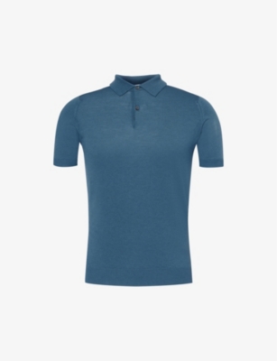 Shop John Smedley Mens Estate Blue Payton Short-sleeved Wool-knit Polo Shirt