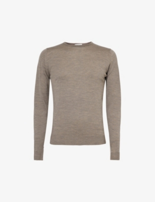 Shop John Smedley Men's Mushroom Lundy Crewneck Wool Knitted Jumper