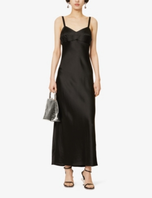 Shop Khaite Joely V-neck High-slit Satin Maxi Dress In Black