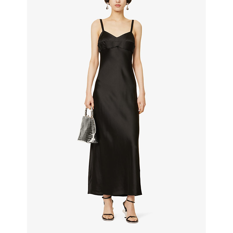 Shop Khaite Women's Black Joely V-neck High-slit Satin Maxi Dress