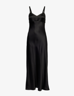 Shop Khaite Joely V-neck High-slit Satin Maxi Dress In Black