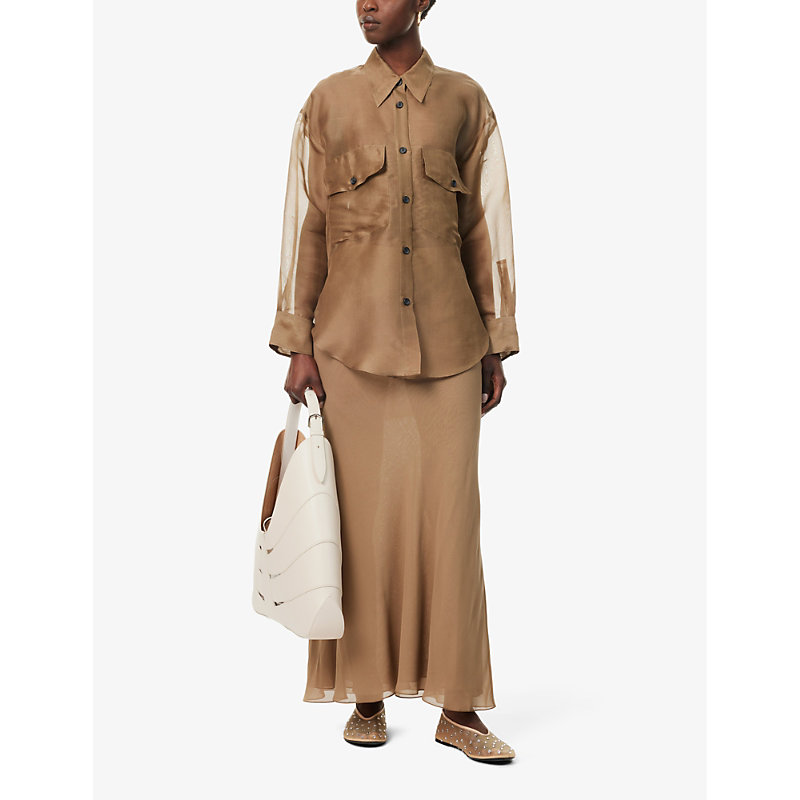 Shop Khaite Mauva Semi-sheer Silk Maxi Skirt In Toffee