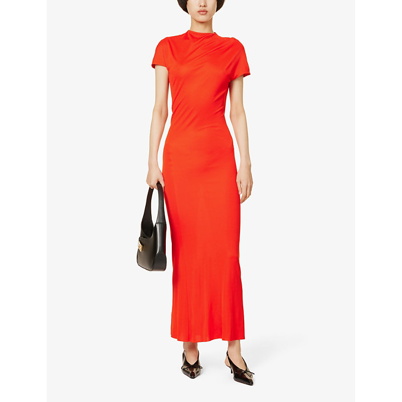 Shop Khaite Yenza Mock-neck Woven Maxi Dress In Fire Red