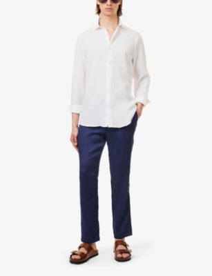 Shop Frescobol Carioca Men's Navy-blue Oscar Drawstring-waist Straight-leg Linen And Cotton-blend Trouser