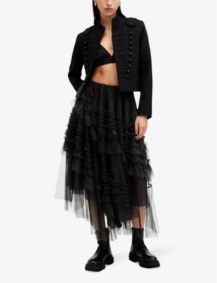 Shop Allsaints Womens Black Jen Asymmetric-hem Tulle Midi Skirt