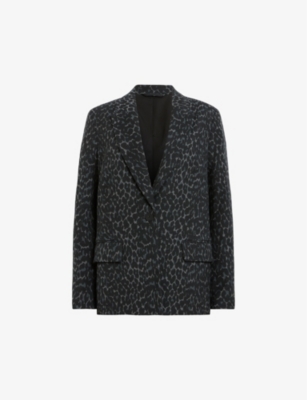 Allsaints Womens  Aurora Leopard-print Single-breasted Stretch-cotton Blazer In Leppo Grey/bla