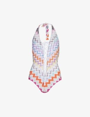 Missoni Chevron-pattern Knitted Swimsuit In Multicolor W/white Base