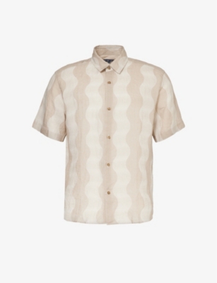 Frescobol Carioca Mens Truffle Castro Cabana Wave Stripe-pattern Relaxed-fit Linen Shirt