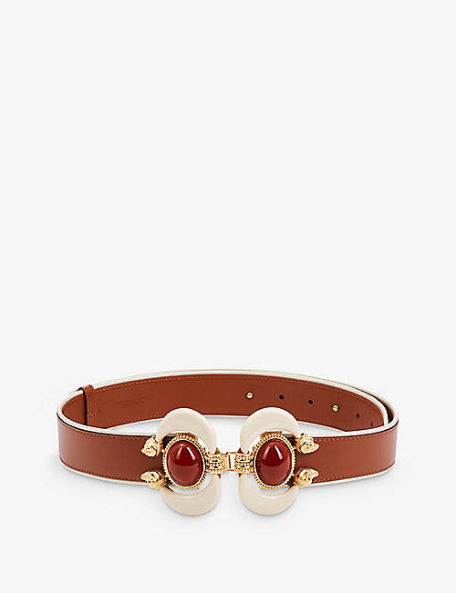 LA MAISON COUTURE: Sonia Petroff Aries 24ct gold-plated brass, cabochon carnelian stones and leather belt