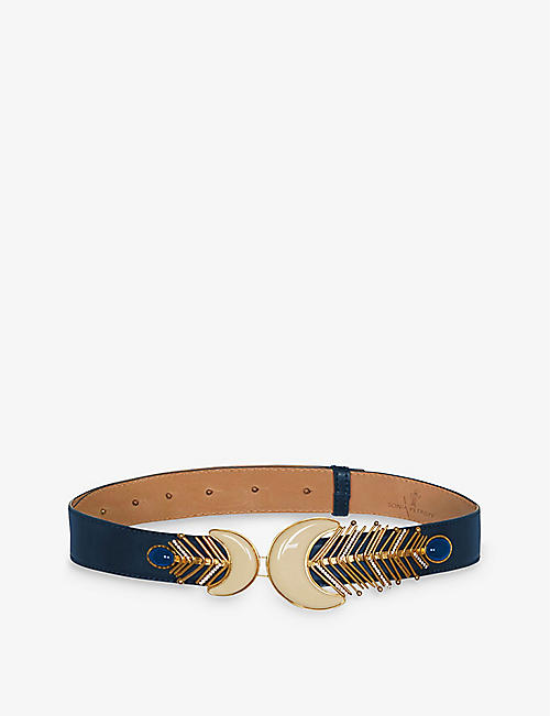 LA MAISON COUTURE: Sonia Petroff Shela 24ct gold-plated brass, Swarovski crystals, cabochon enamel lapis and leather belt