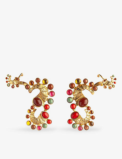 LA MAISON COUTURE: Sonia Petroff Seahorse 24ct yellow gold-plated brass and gemstone earrings