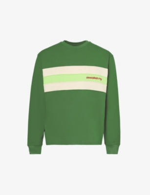 Awake Ny Mens Green Stripe Long-sleeved Cotton-jersey Sweatshirt