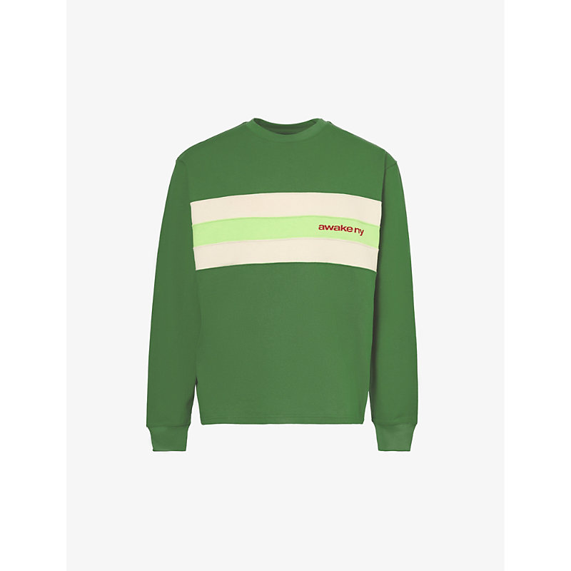 Awake Ny Mens Green Stripe Long-sleeved Cotton-jersey Sweatshirt