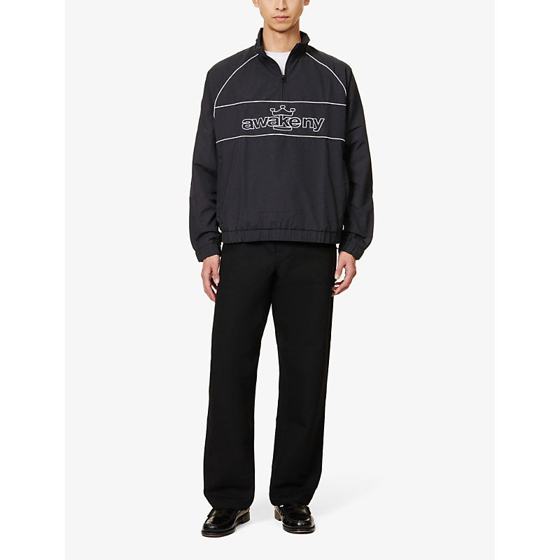 Shop Awake Ny Men's Black Quarter-zip Brand-print Relaxed-fit Shell Jacket