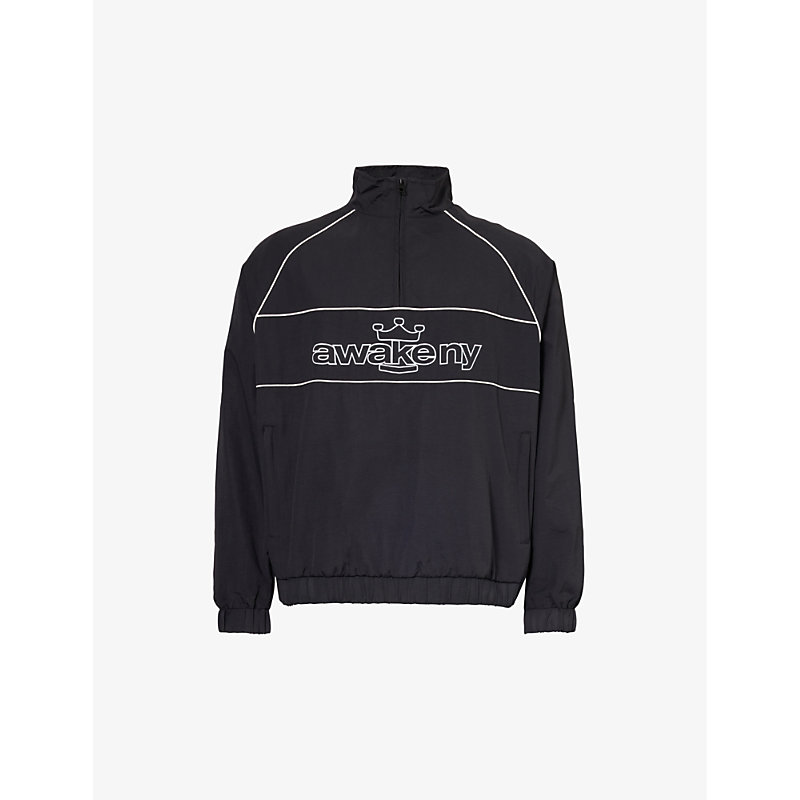 Awake Ny Mens Black Quarter-zip Brand-print Relaxed-fit Shell Jacket