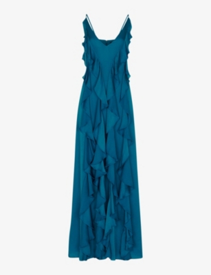 Shop Whistles Women's Blue Ruffled Plunging V-neck Recycled-viscose Maxi Dress