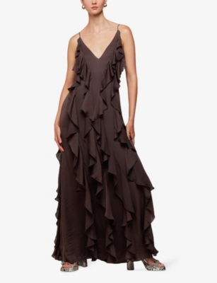 Shop Whistles Ruffled Plunging V-neck Recycled-viscose Maxi Dress In Brown