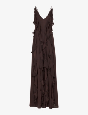 Shop Whistles Womens Brown Ruffled Plunging V-neck Recycled-viscose Maxi Dress