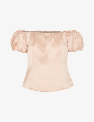 Whistles Womens Cream Julia Bardot Frill-sleeve Satin Top