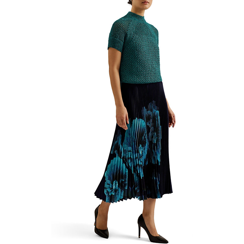 Shop Ted Baker Izmir Floral-print Pleated Recycled-polyester Midi Skirt In Navy