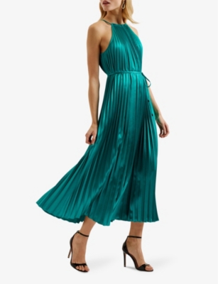 Shop Ted Baker Women's Green Melike Pleated Halter-neck Satin Midi Dress