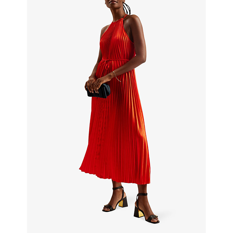 Shop Ted Baker Women's Red Melike Pleated Halter-neck Satin Midi Dress