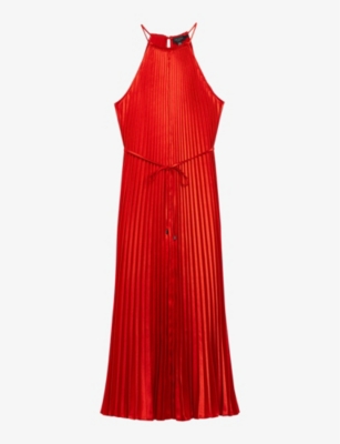 Shop Ted Baker Melike Pleated Halter-neck Satin Midi Dress In Red