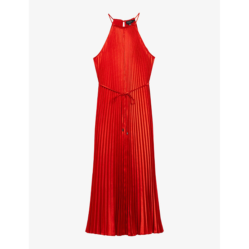 Shop Ted Baker Melike Pleated Halter-neck Satin Midi Dress In Red