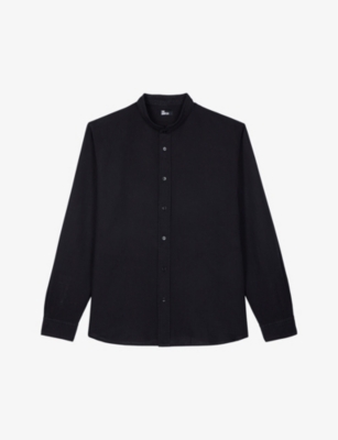 Shop The Kooples Men's Black Officer-collar Straight-cut Linen-blend Shirt
