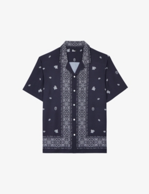Shop The Kooples Men's Vy / White Paisley-print Short-sleeve Woven Shirt In Navy / White