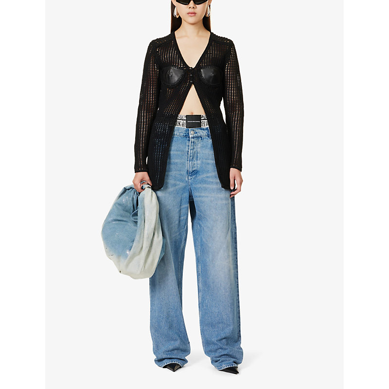 Shop Alexander Wang Women's Black Contrast-panel V-neck Leather And Knitted Cardigan