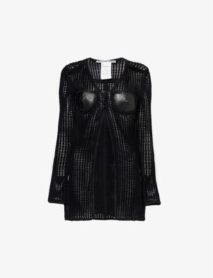 Shop Alexander Wang Womens Black Contrast-panel V-neck Leather And Knitted Cardigan