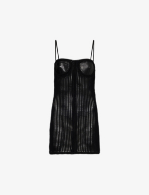 Shop Alexander Wang Women's Black Contrast-panel Slim-fit Leather And Knitted Mini Dress