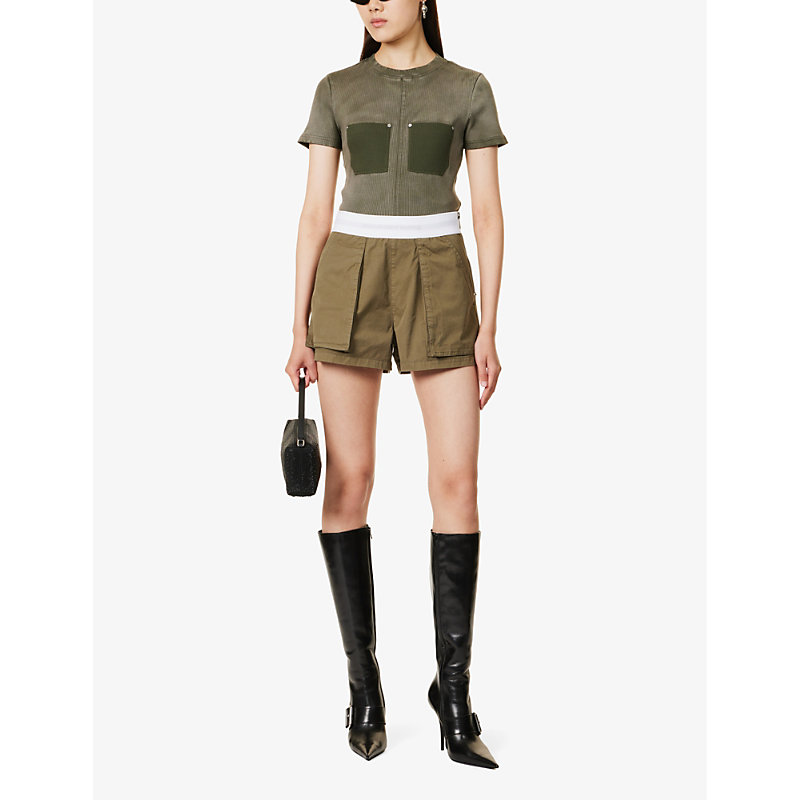 Shop Alexander Wang Womens Army Green Rave Branded-waistband Mid-rise Cotton Cargo Shorts