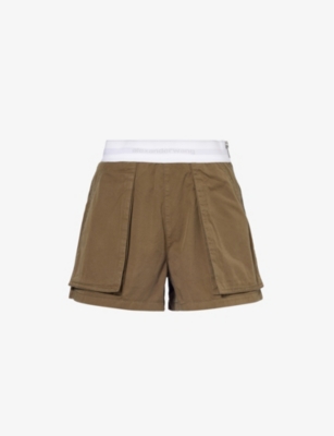 Shop Alexander Wang Women's Army Green Rave Branded-waistband Mid-rise Cotton Cargo Shorts