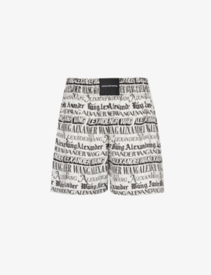 Shop Alexander Wang Womens White/black Newspaper Boxer Graphic-print Mid-rise Woven Shorts