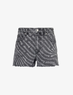 Shop Alexander Wang Logo-print Raw-hem Denim Shorts In Washed Grey