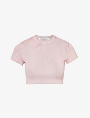 Shop Alexander Wang Women's Washed Pink Lace Brand-embossed Cropped Stretch-cotton T-shirt
