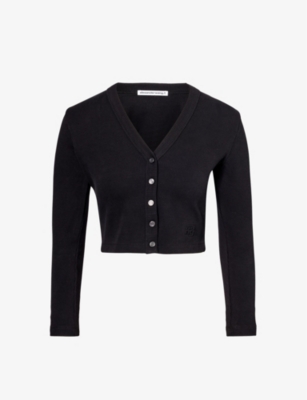 Shop Alexander Wang Women's Black Brand-embossed Cropped Stretch-cotton Cardigan
